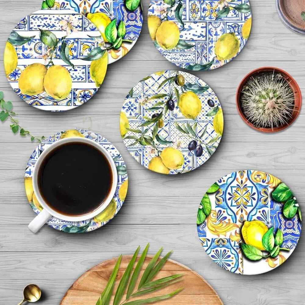 Coaster for Drinks Set of 6, Lemon Fruit Yellow Blue Vintage Absorbent Round Cer